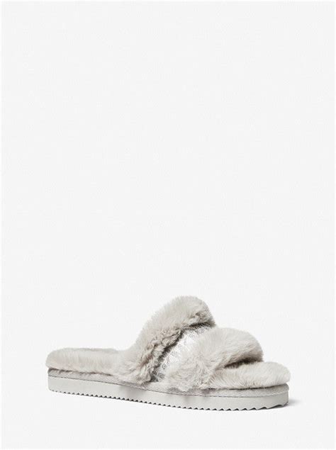 michael kors faux fur velcro slides|Scarlett Faux Fur Slide Sandal .